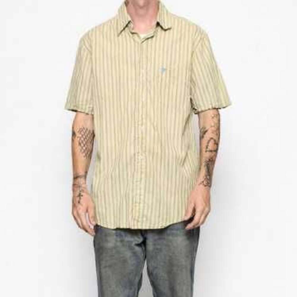 Mossimo Short Sleeve Button-Down Shirt Yellow and Green Vertical Stripe